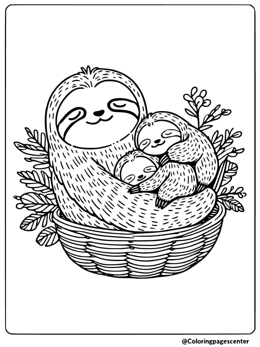 Sloth family cuddling in a basket coloring page