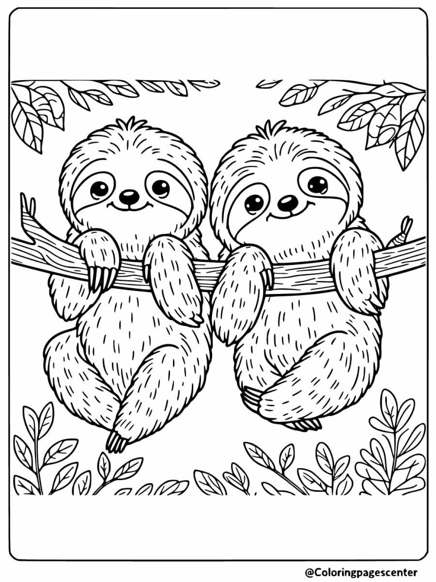 Sloths hanging on a branch coloring page