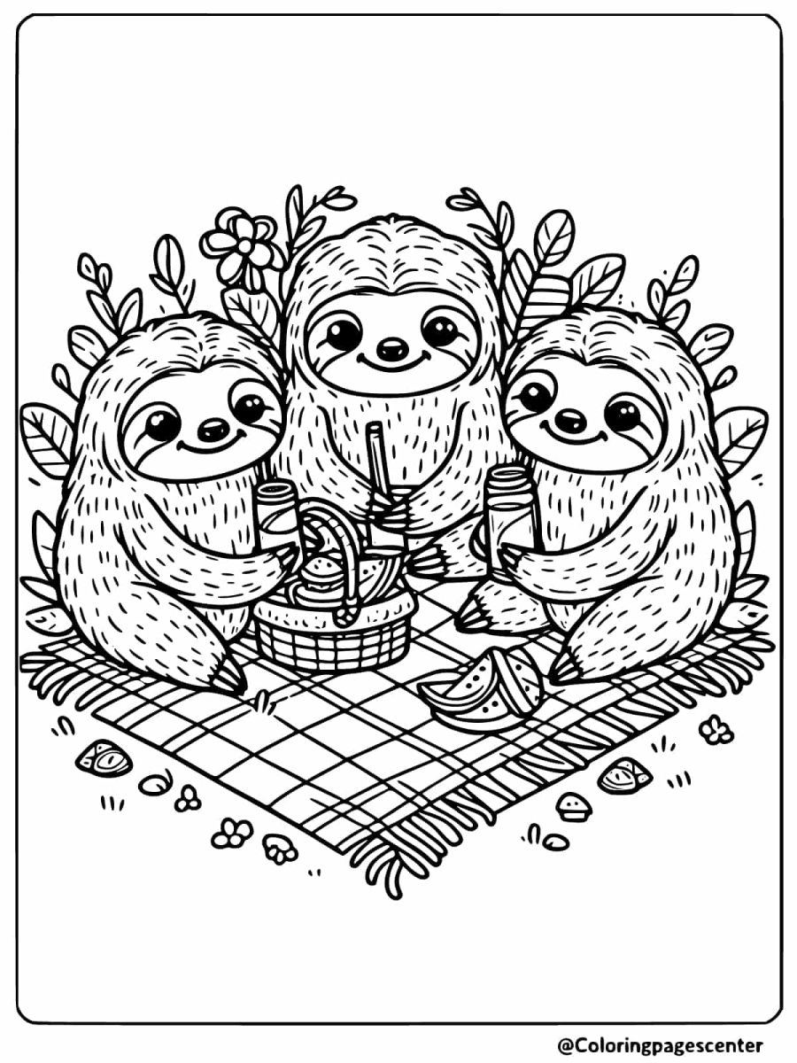 Coloring page of sloths enjoying a picnic