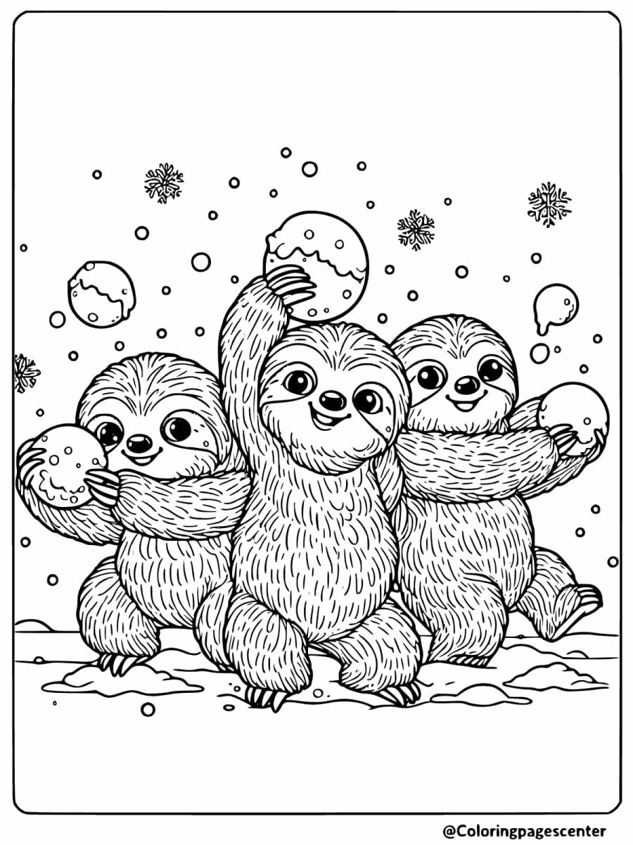 Snowball fight with sloths coloring page