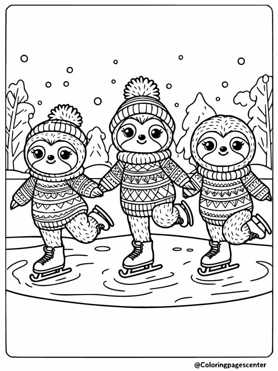 Cute sloths ice skating coloring page