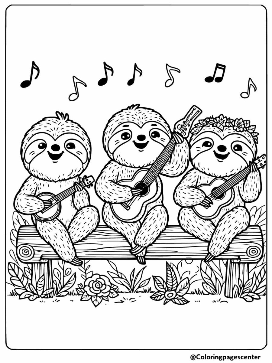 Sloths playing guitar and singing coloring page