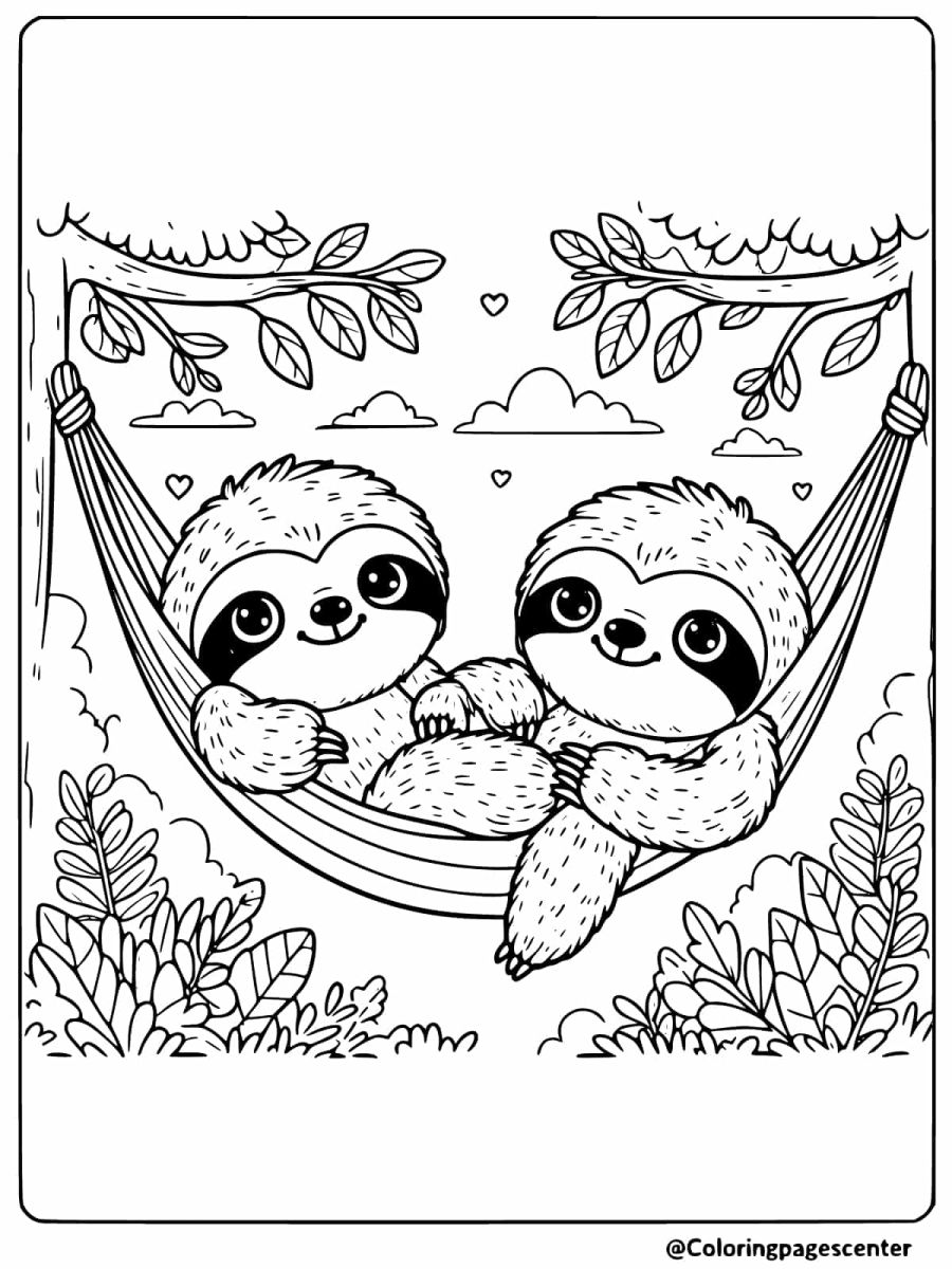 Two sloths relaxing in a hammock coloring page