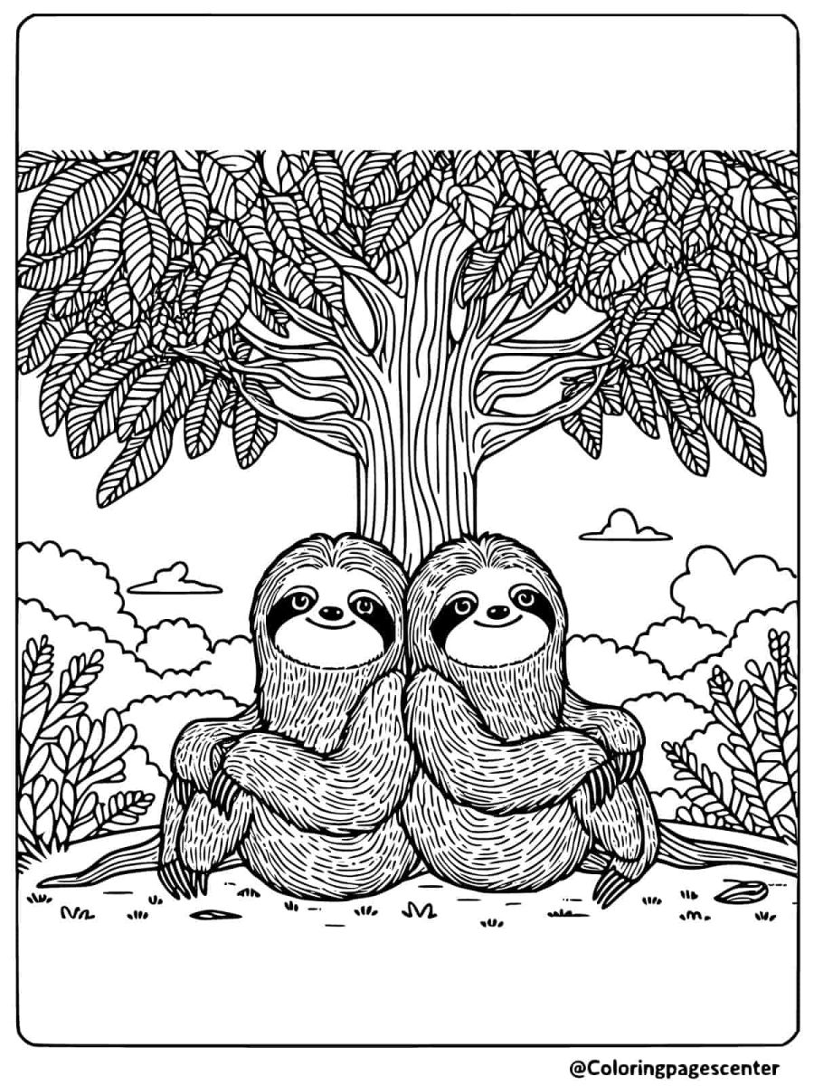 Two sloths sitting under a tree coloring page