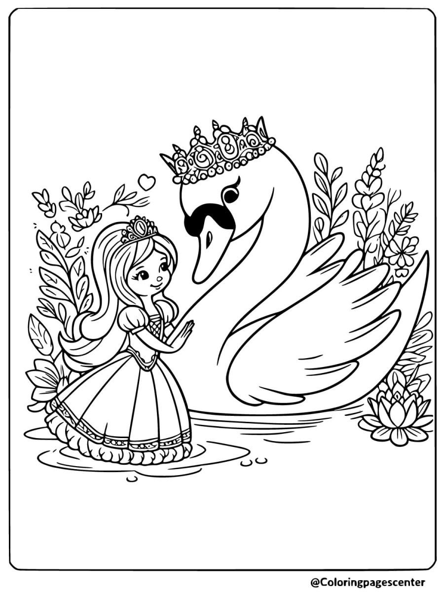 A princess and a crowned swan coloring page