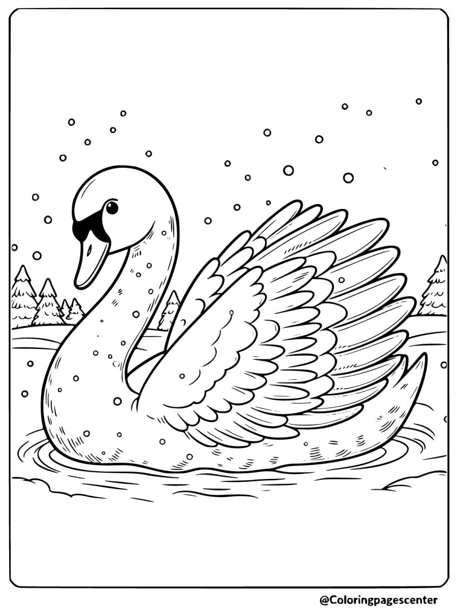 A swan swimming in a snowy landscape coloring page