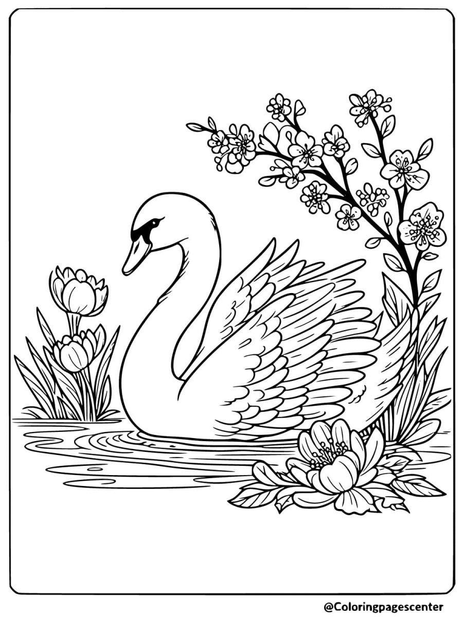 A swan floating near blooming flowers coloring page