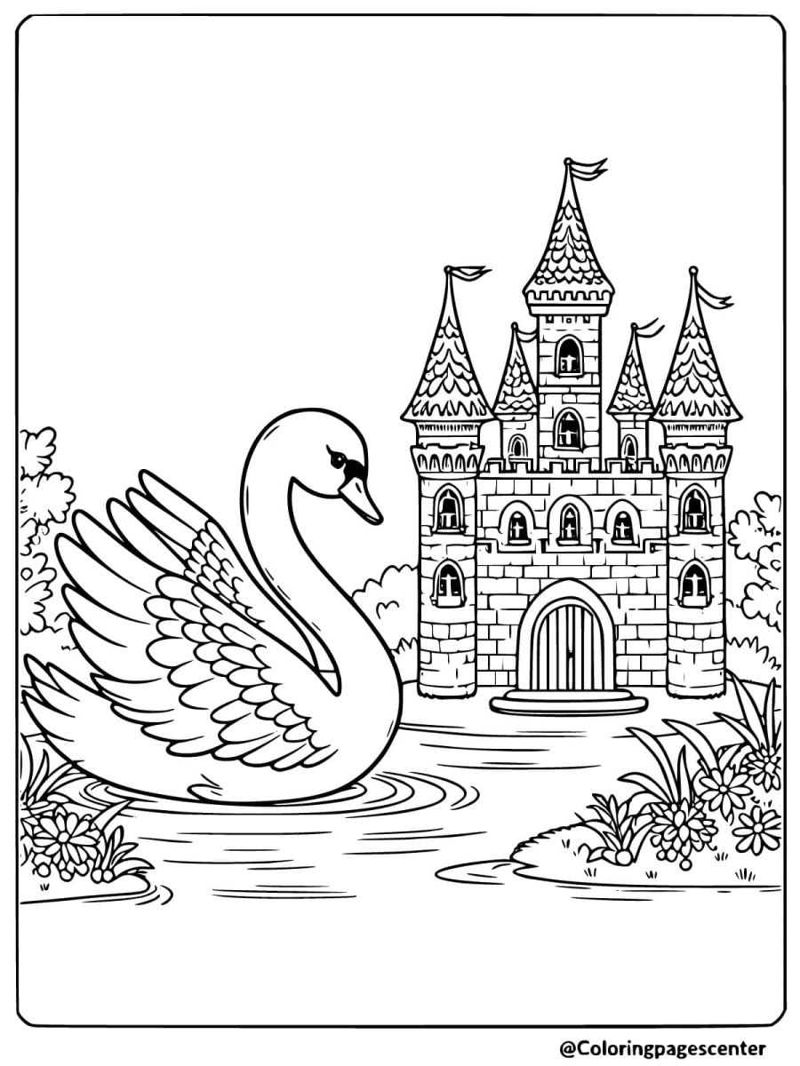 A graceful swan near a fairytale castle coloring page