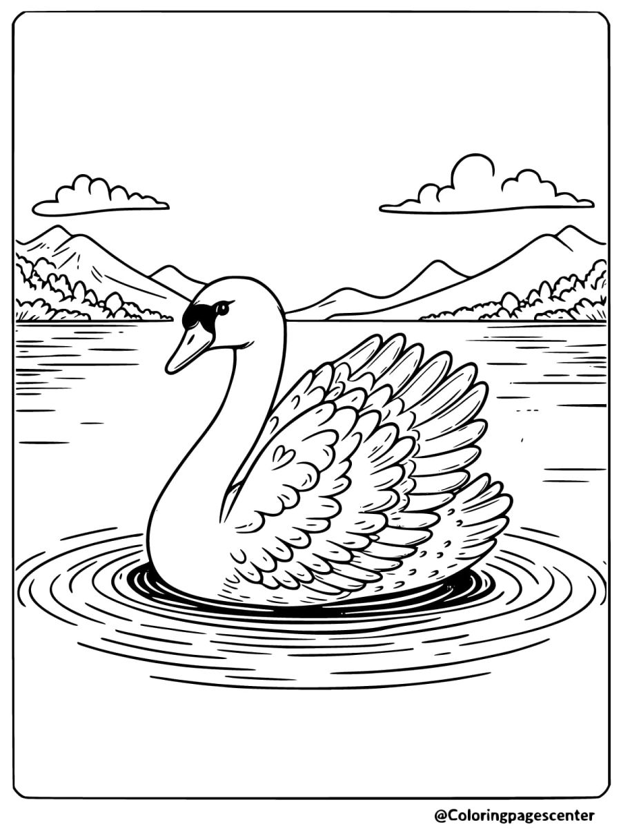 A swan swimming in a lake with mountains coloring page