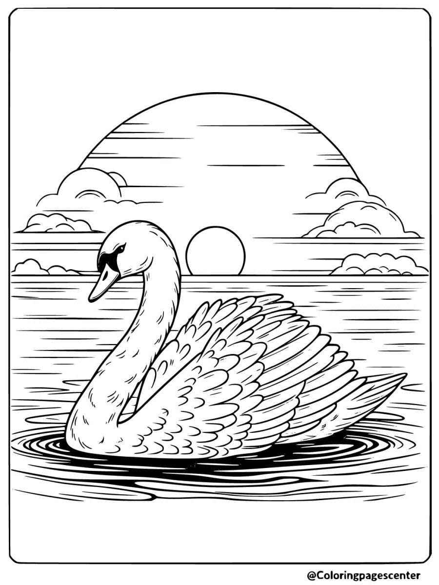 A swan in front of a sunset on a lake coloring page