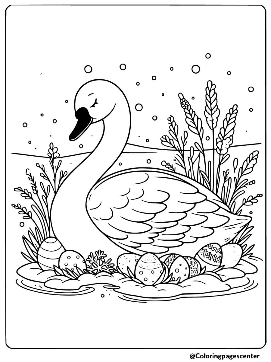 A peaceful swan with Easter eggs in a garden coloring page