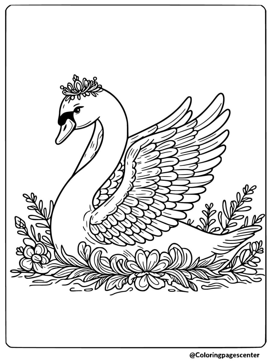 A majestic swan wearing a floral crown coloring page