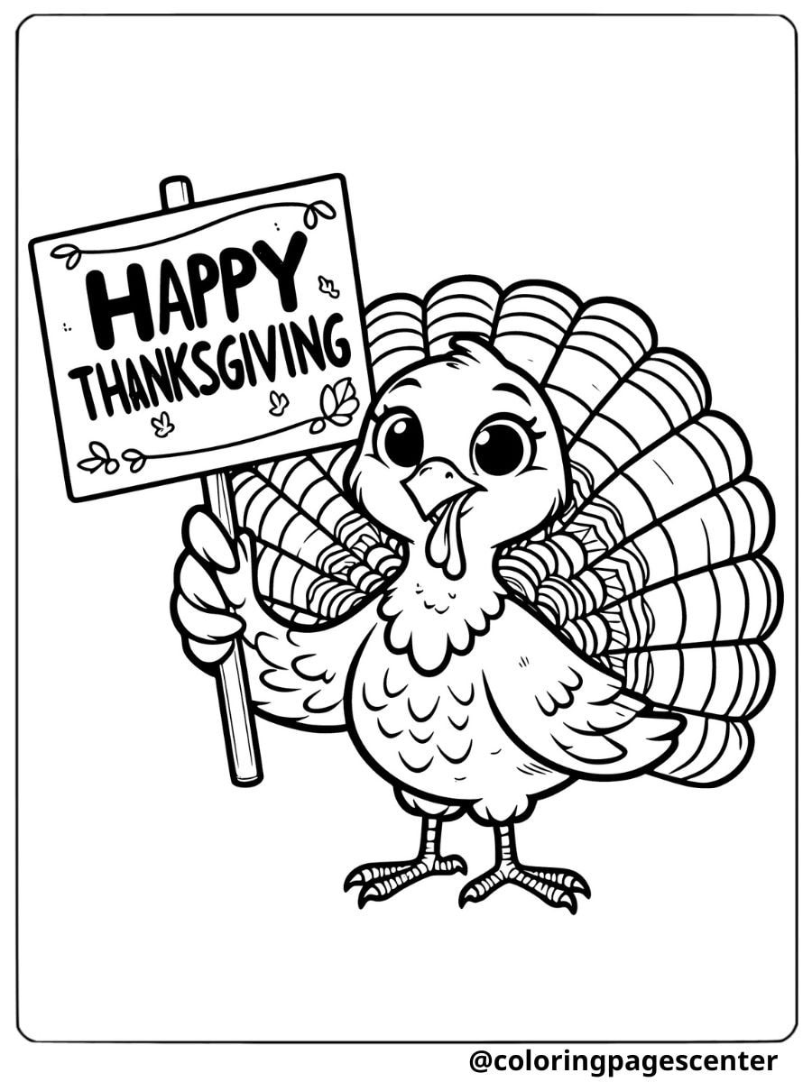 Turkey holding Happy Thanksgiving sign coloring page