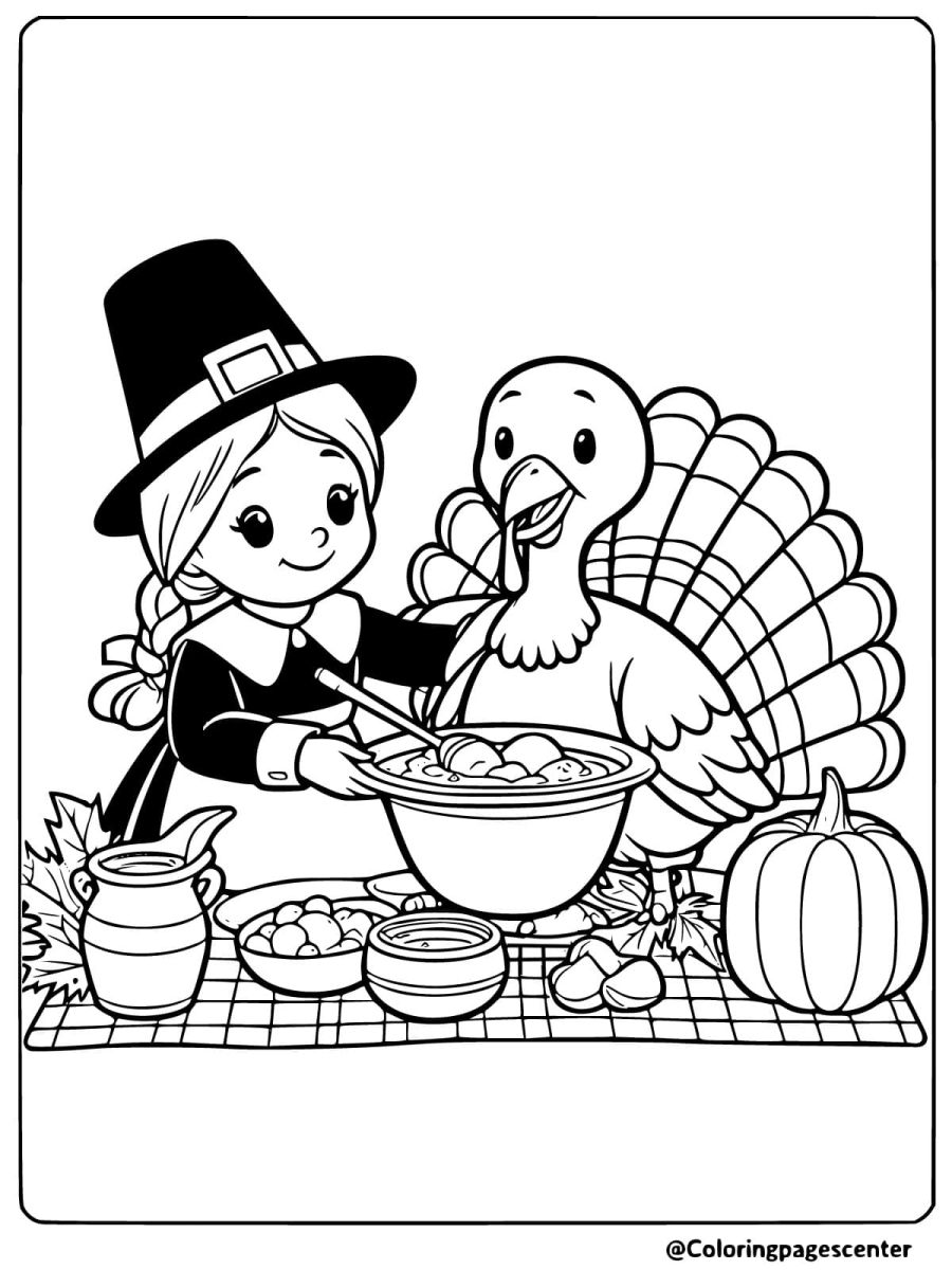 Pilgrim girl cooking with Thanksgiving turkey coloring page