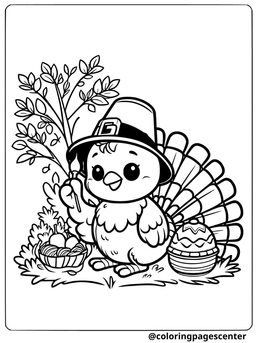 Cute Thanksgiving turkey with pilgrim hat coloring page