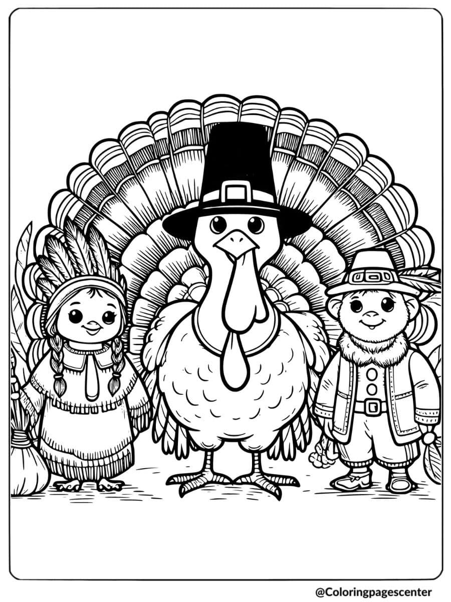 Pilgrims with Thanksgiving turkey coloring page