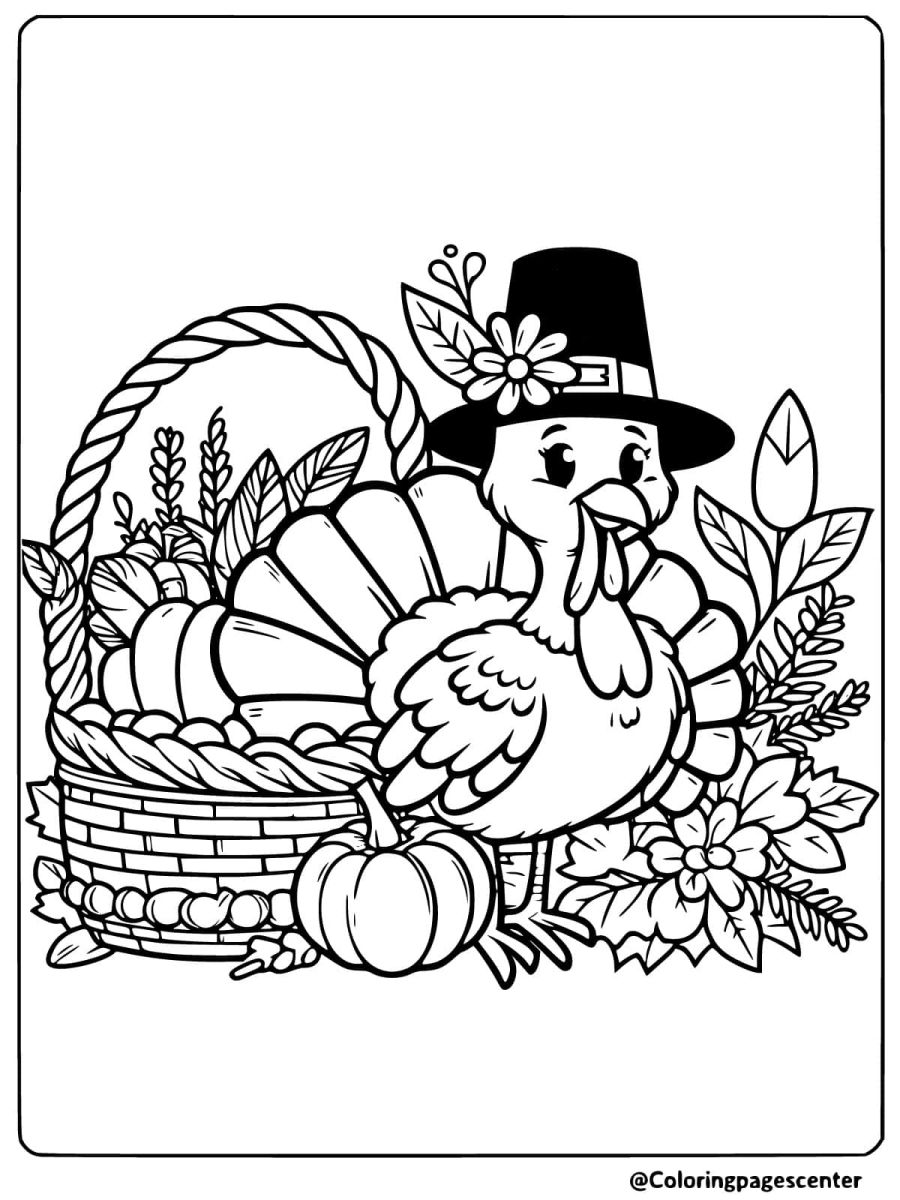 Thanksgiving turkey with harvest basket coloring page