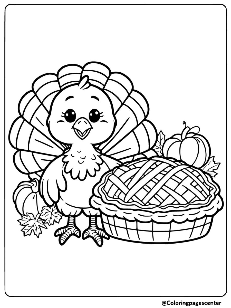 Thanksgiving turkey with pie for coloring page