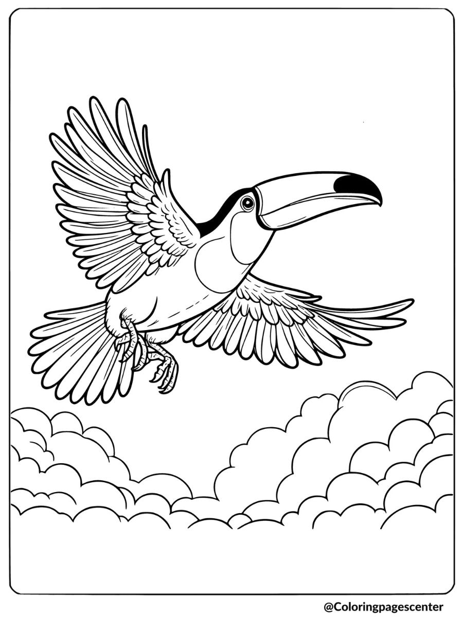 Toucan flying above the clouds coloring page