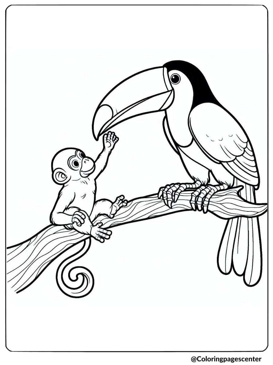 Toucan and baby monkey on branch coloring page