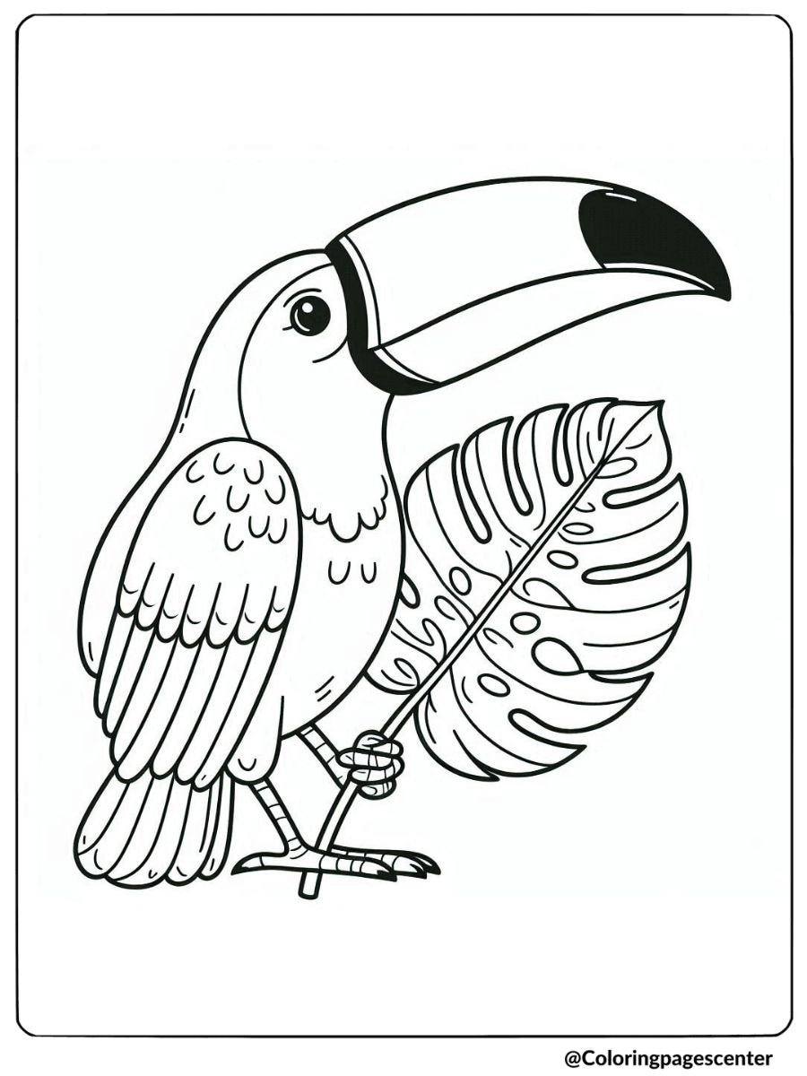 Toucan holding large tropical leaf coloring page