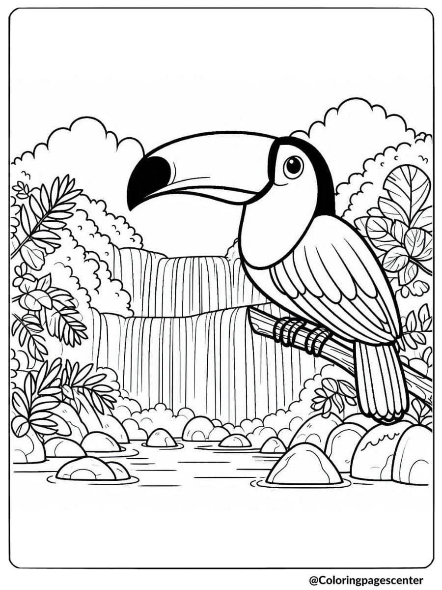 Toucan near a waterfall in jungle coloring page