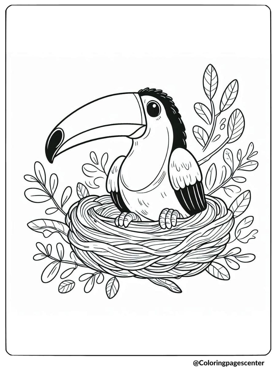 Toucan sitting in nest among leaves coloring page