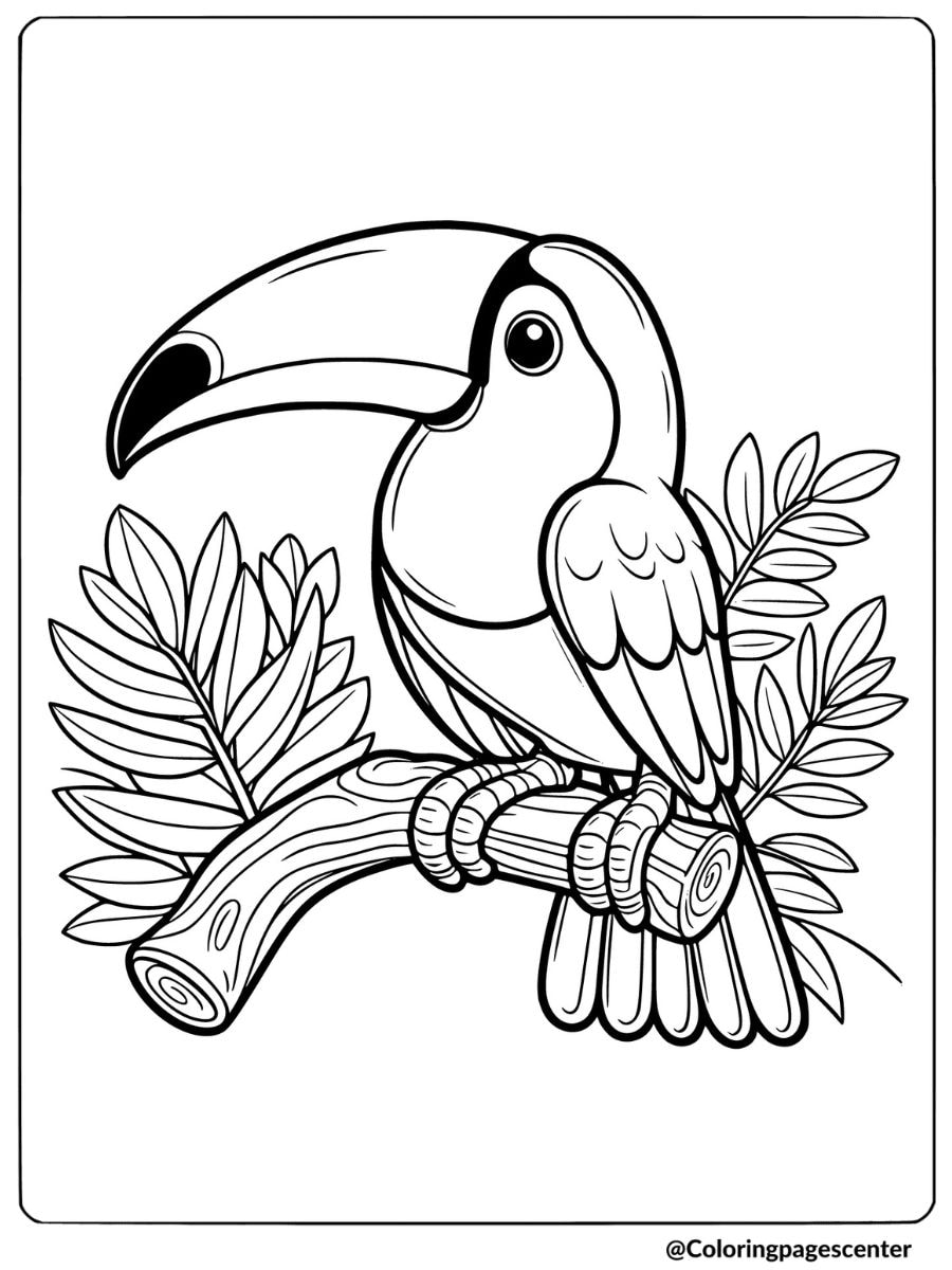 Toucan sitting on branch with leaves coloring page