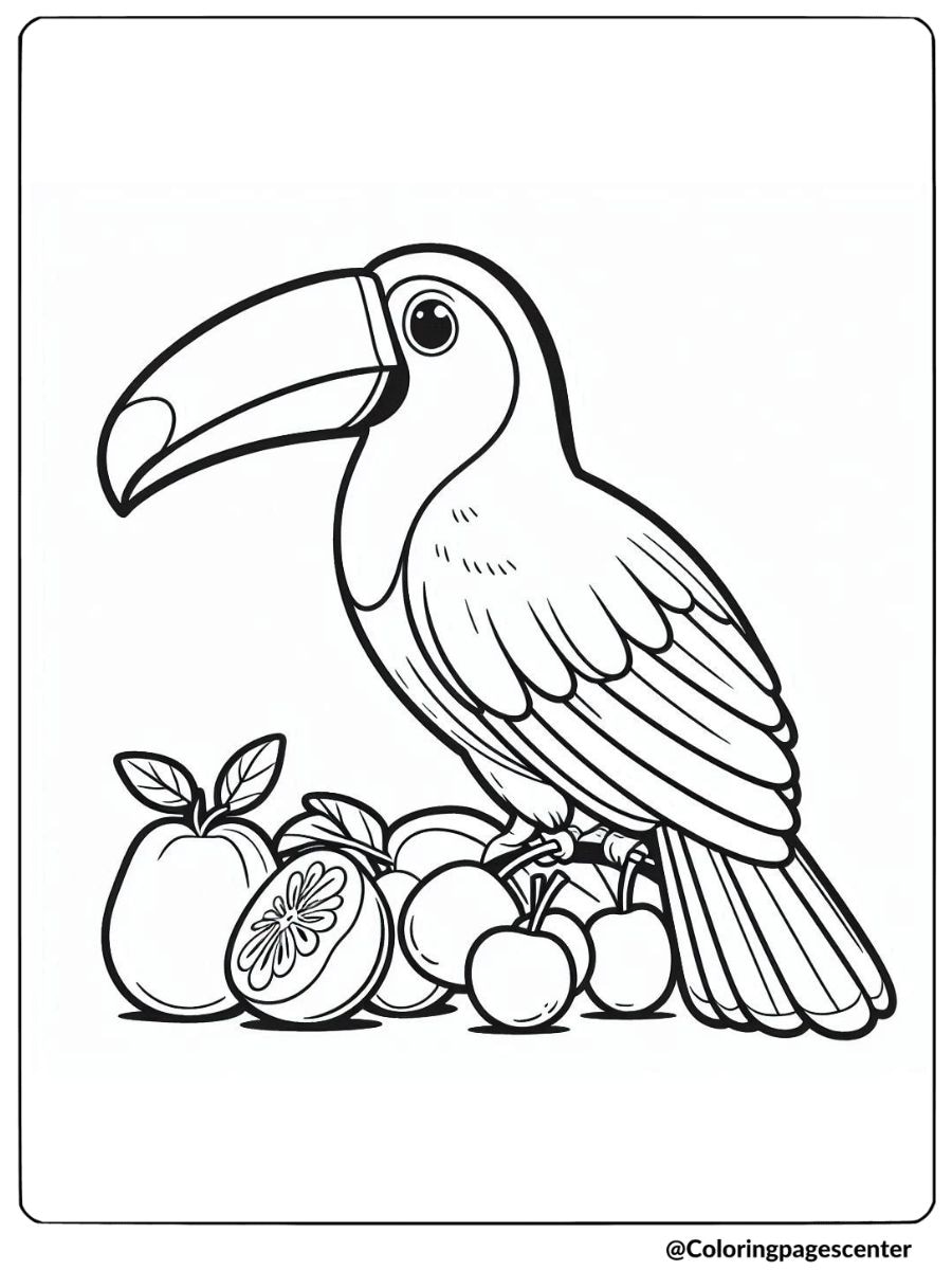 Toucan perched with fruits coloring page