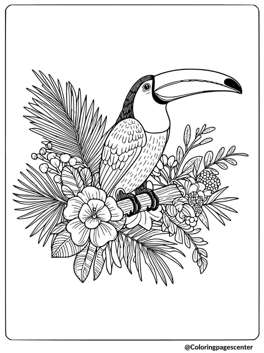 Toucan with tropical flowers and leaves coloring page