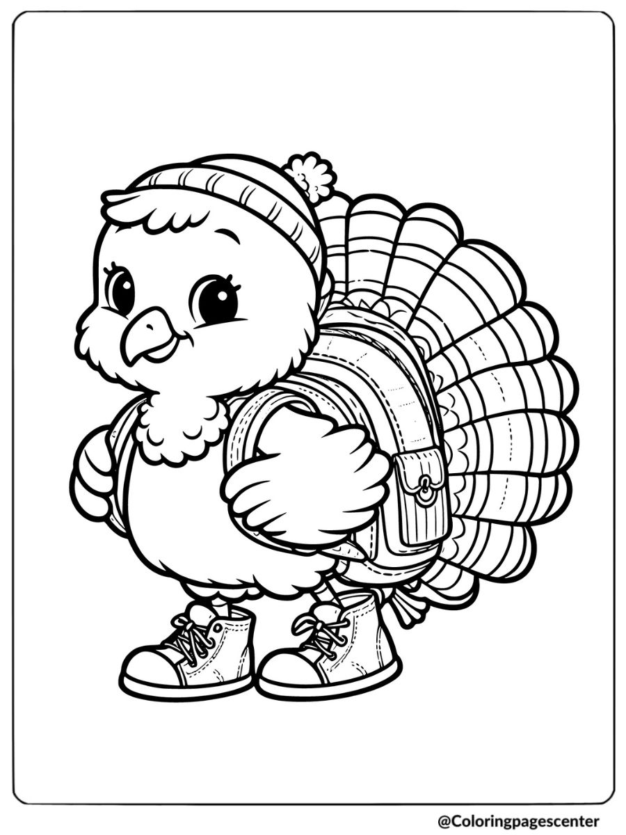 Turkey wearing a backpack coloring page