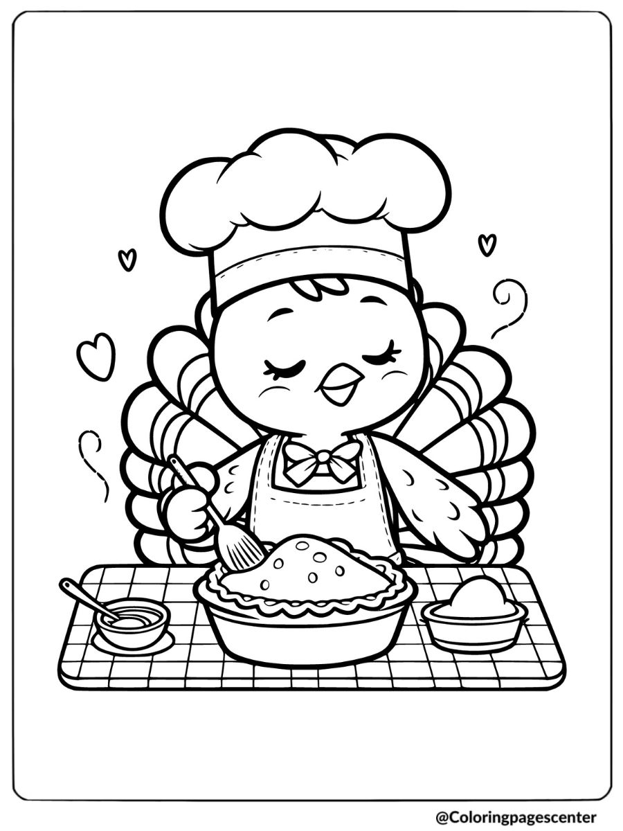 Turkey baking a pie while wearing a chef hat coloring page