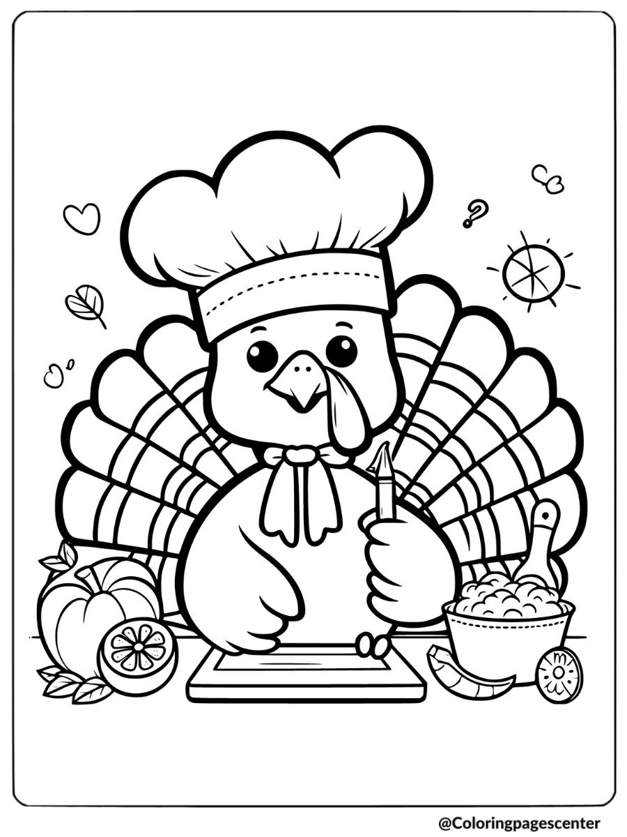 Turkey dressed as chef coloring page