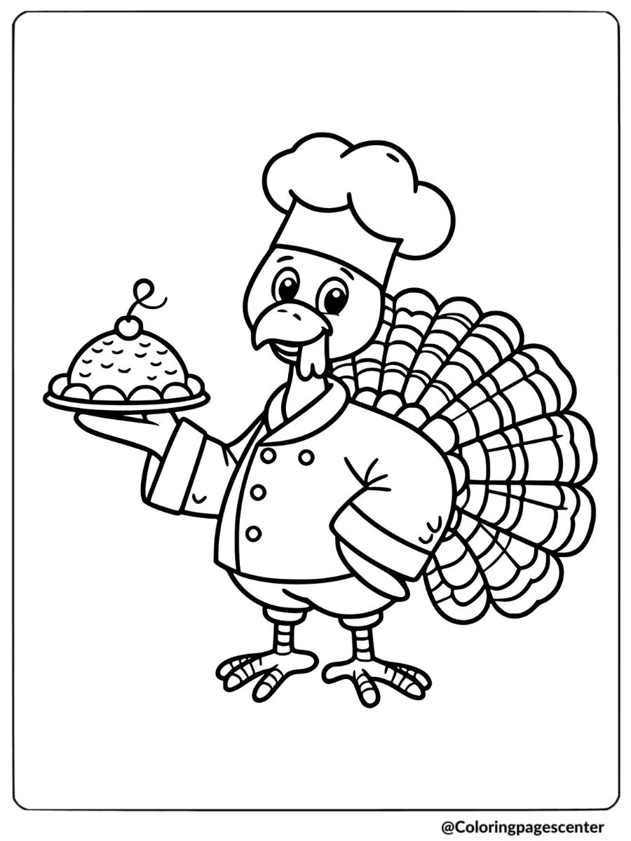 Chef turkey holding a plate of food coloring page