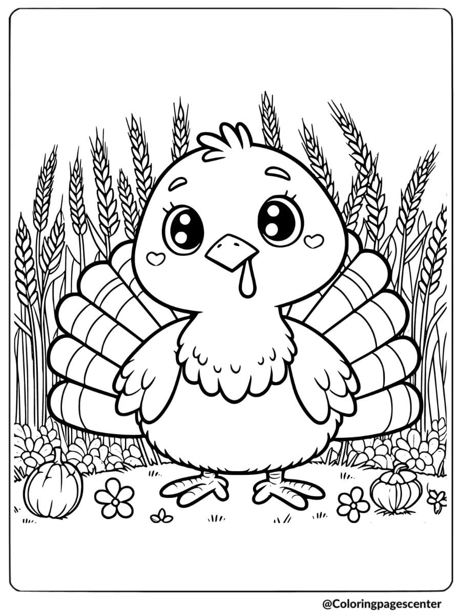 Happy turkey in a field of wheat coloring page