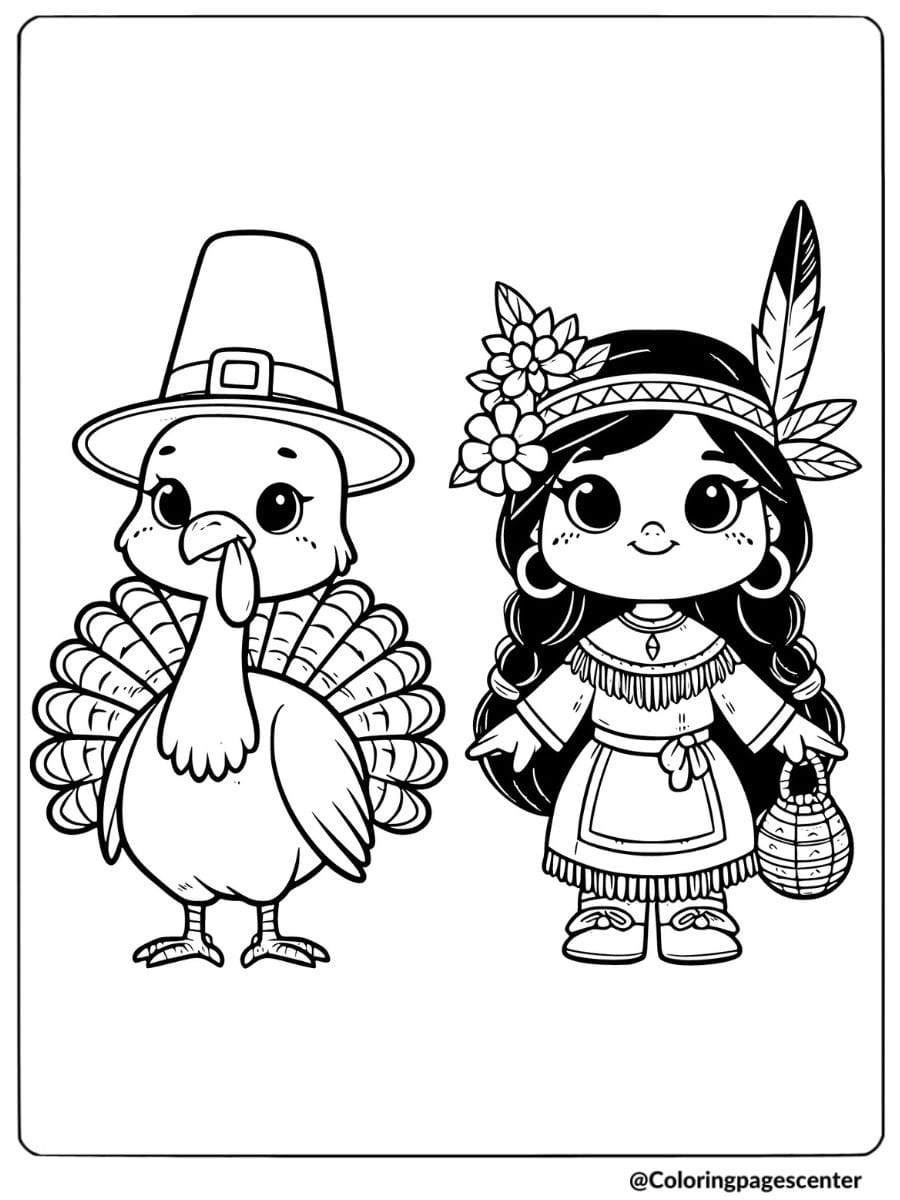 Pilgrim turkey with a native girl coloring page