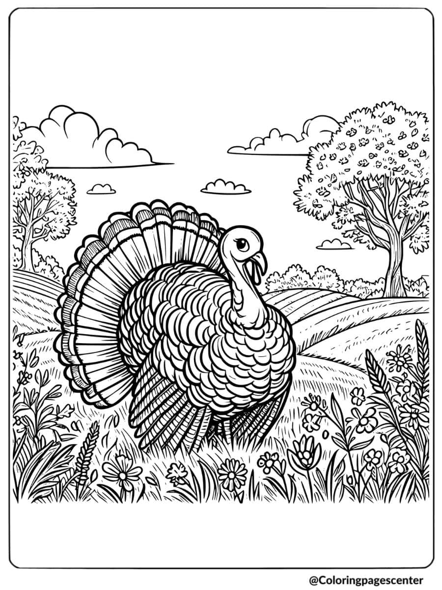 Turkey standing in a field coloring page