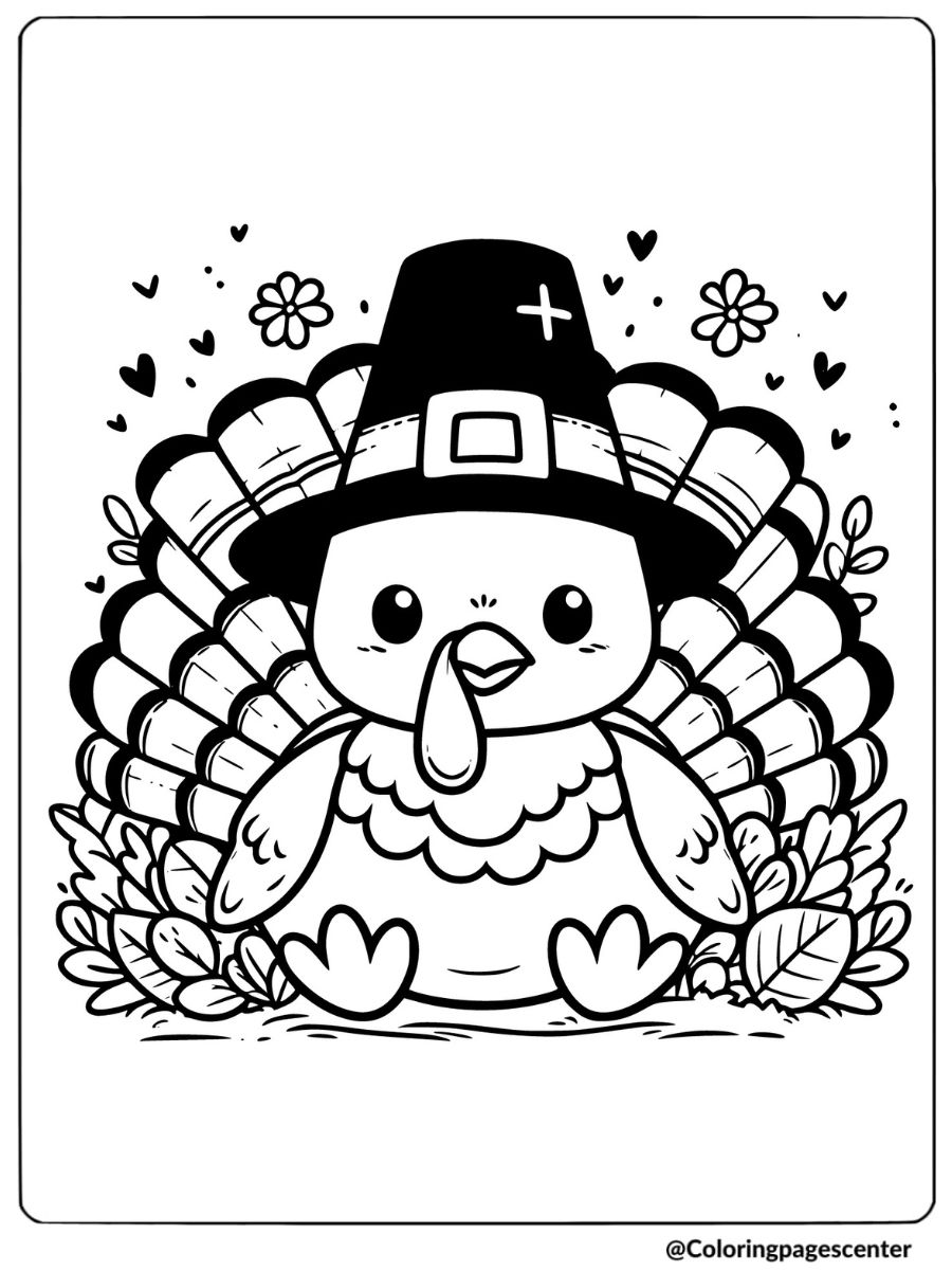 Pilgrim turkey sitting in leaves coloring page