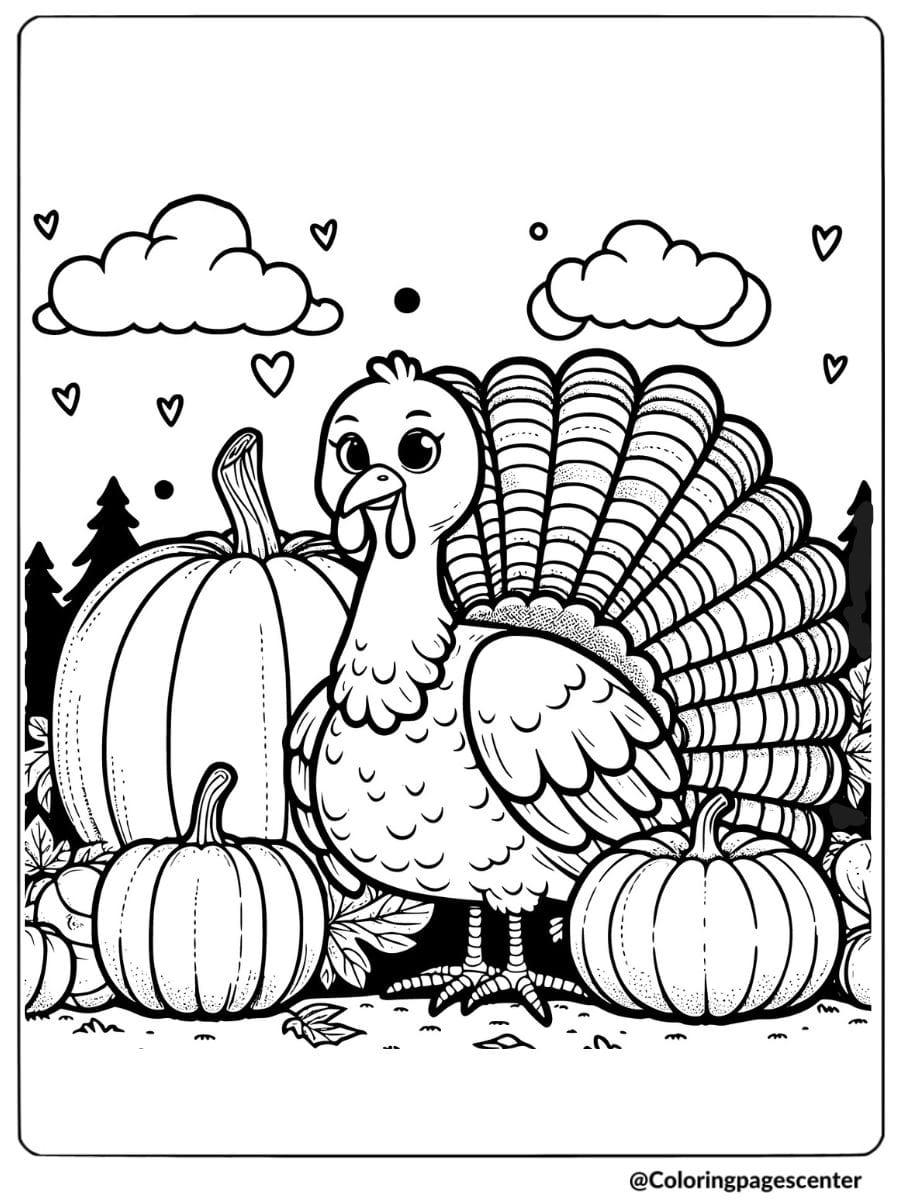 Turkey standing with pumpkins outdoors coloring page