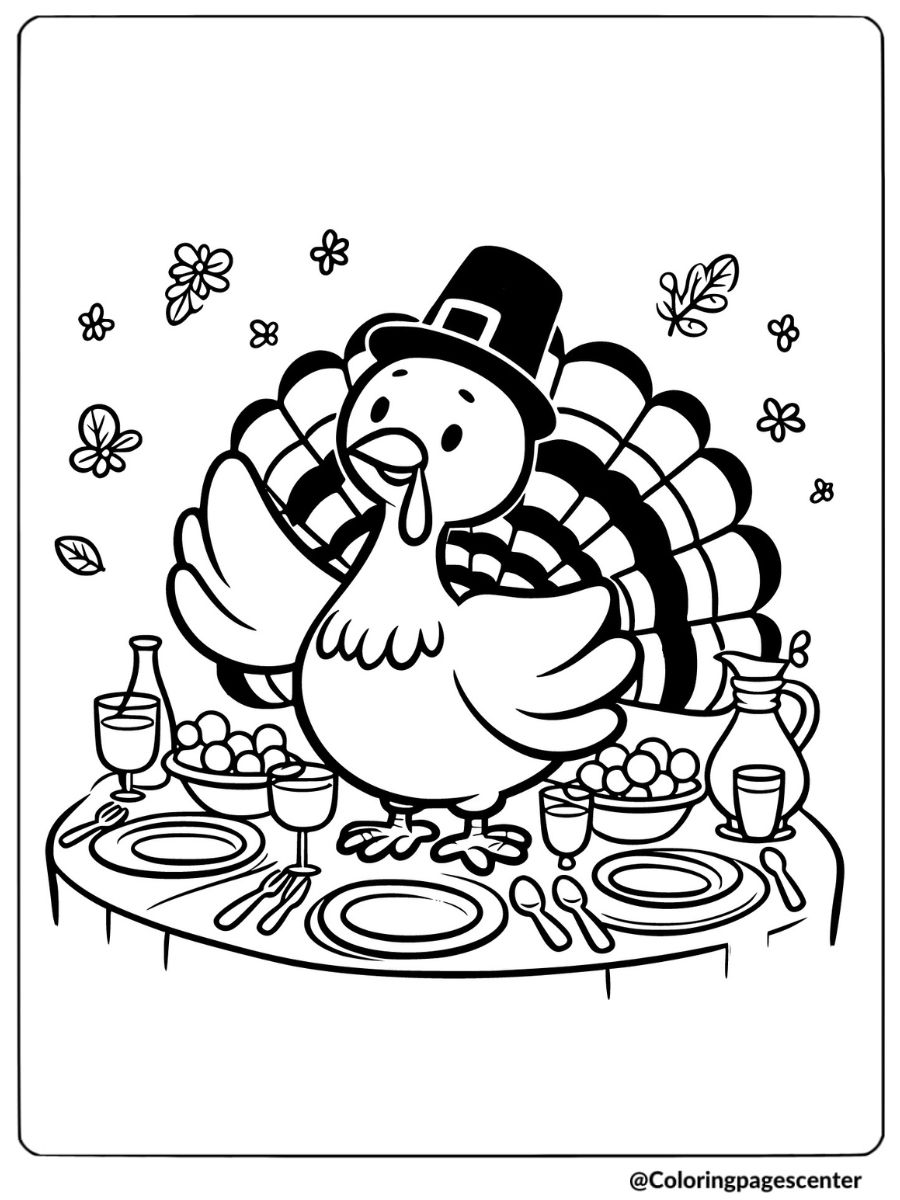 Turkey at dinner table coloring page