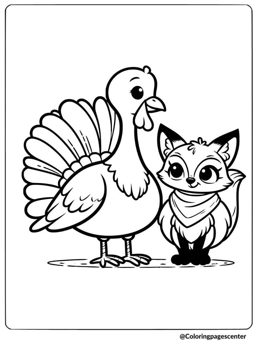 Turkey standing with a cute fox coloring page