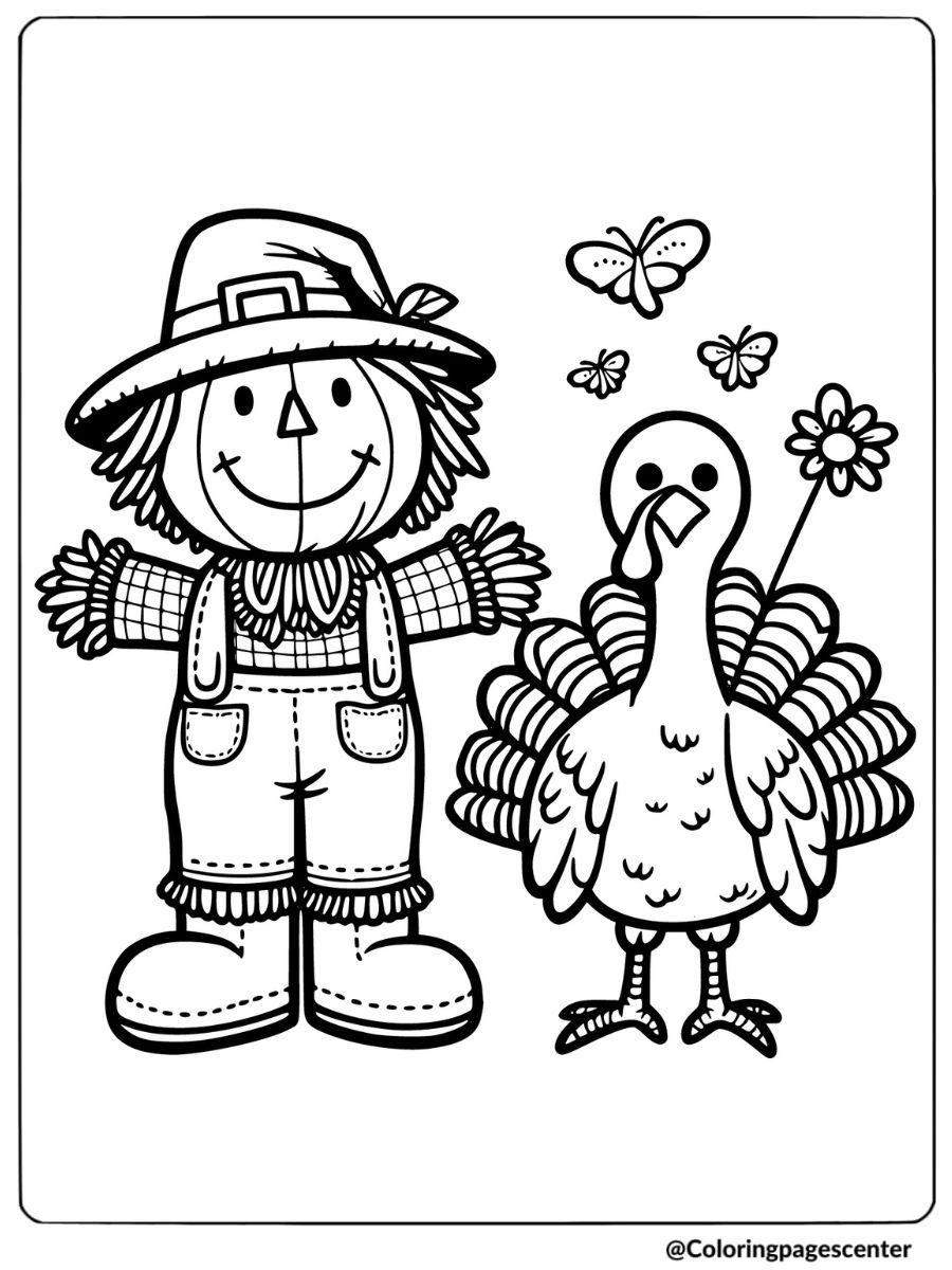 Turkey standing with a scarecrow coloring page