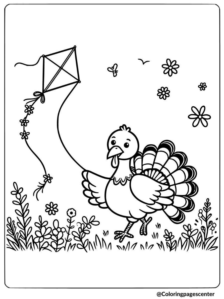 Turkey enjoying kite flying coloring page