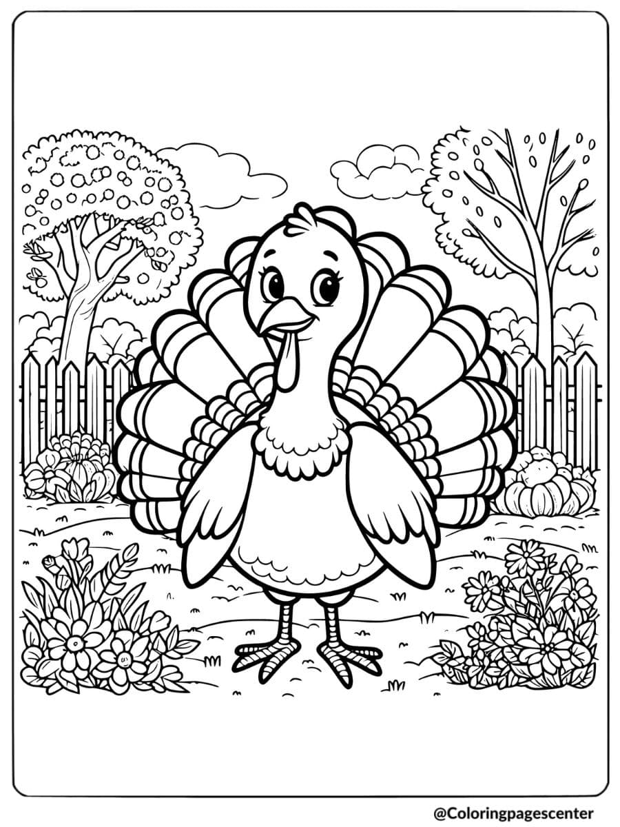 Turkey standing in a backyard with flowers coloring page