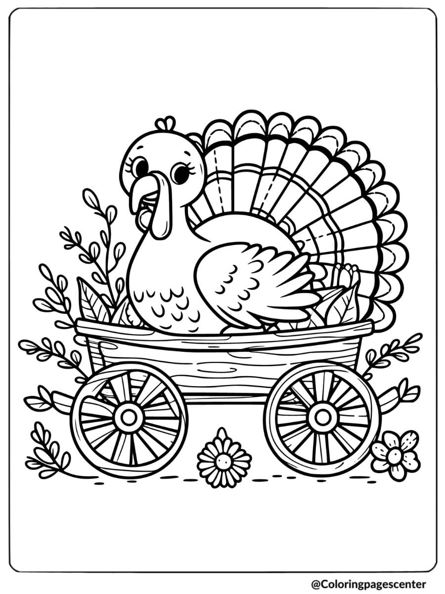 Turkey sitting in a wagon surrounded by plants coloring page