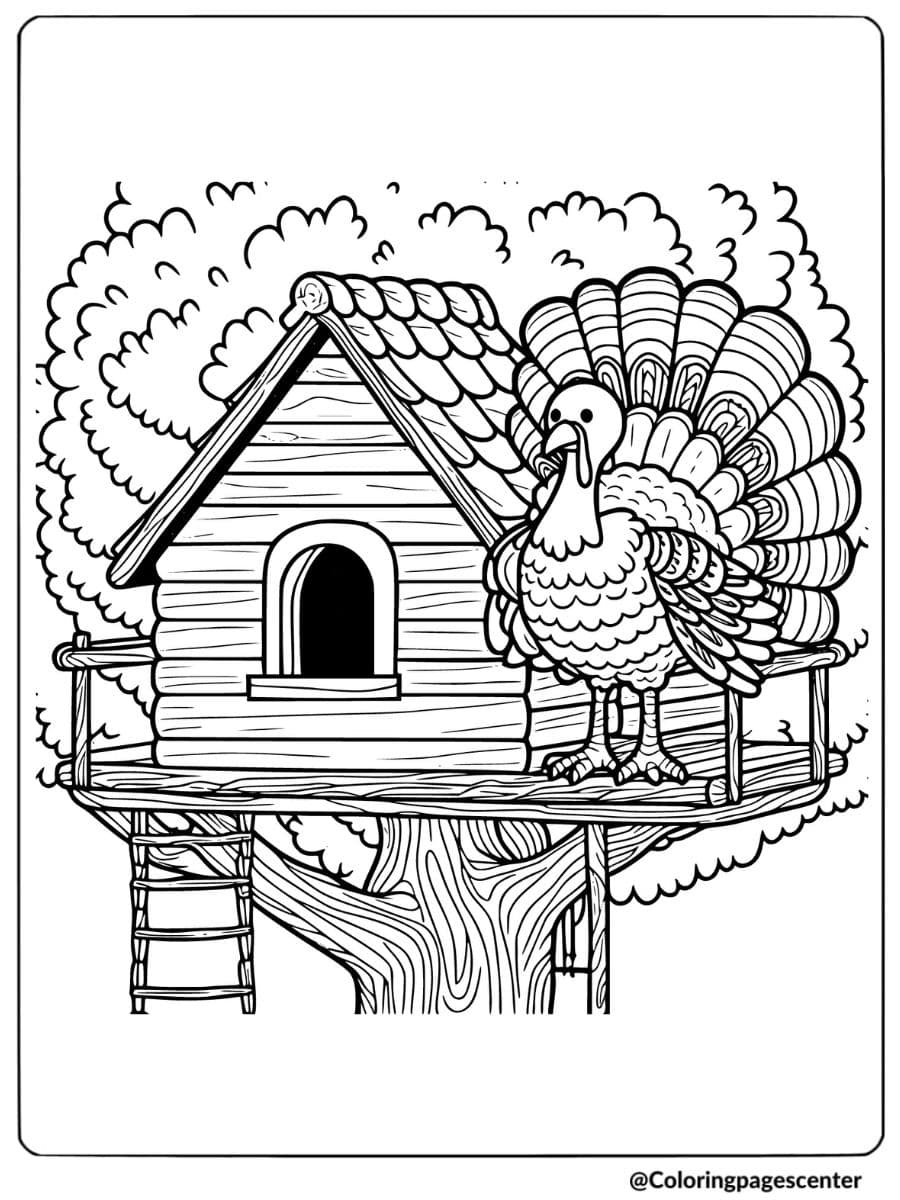 Turkey next to a treehouse coloring page