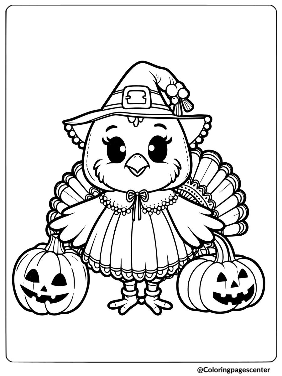 Turkey dressed as a witch with pumpkins coloring page