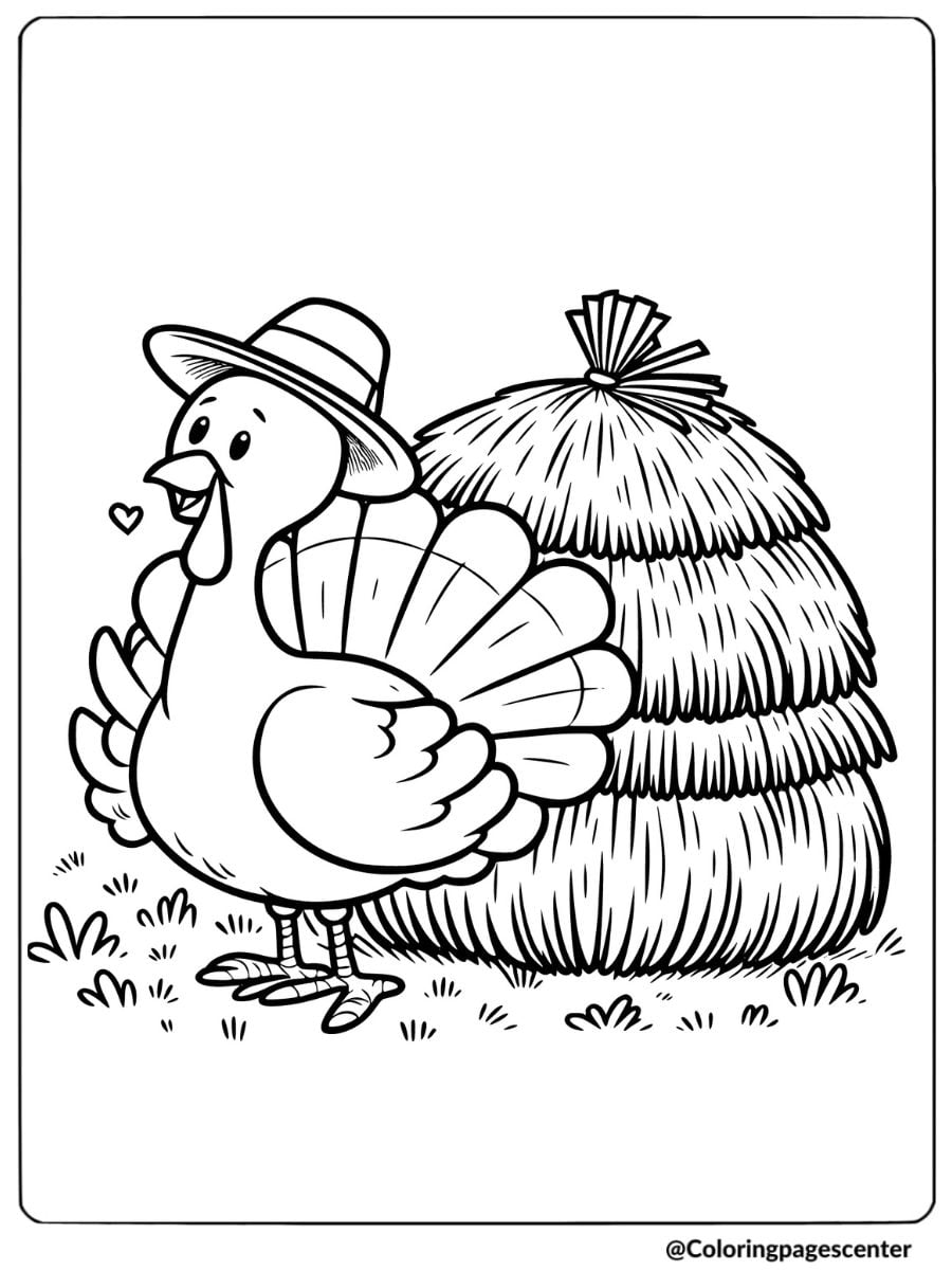 Turkey beside a haystack coloring page