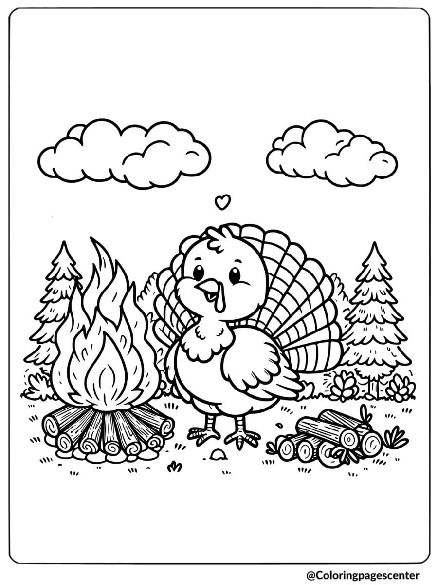 Turkey standing near a campfire coloring page