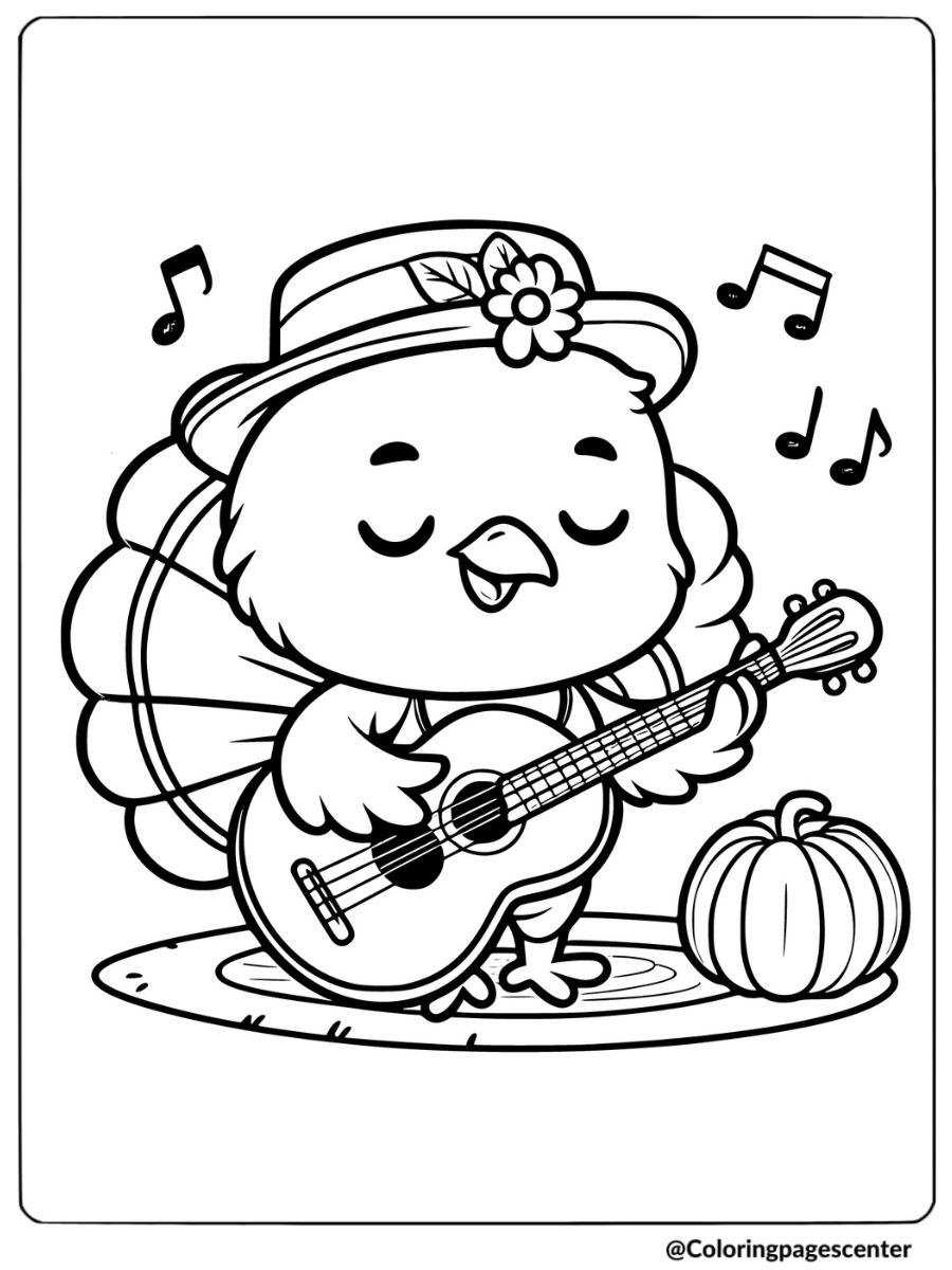 Turkey playing guitar and singing coloring page